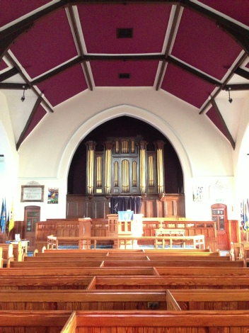 Inside Whitehall Road Methodist Church in Gateshead, looking towards the front of the church.